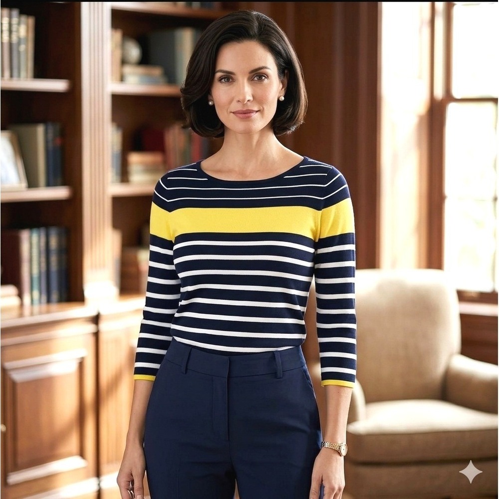 Talbots‎ Women Sweater XS Navy Blue Yellow White Striped 3/4 Sleeve Knit Top
